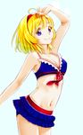  alice_margatroid alternate_costume arm_up bikini bikini_skirt blonde_hair blue_eyes bogyaku_no_m breasts cleavage closed_mouth front-tie_top hairband medium_breasts navel ribbon short_hair smile solo swimsuit touhou 