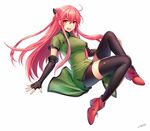  :d bike_shorts black_gloves black_legwear china_dress chinese_clothes dress elbow_gloves fingerless_gloves gloves green_dress hair_ornament long_hair looking_at_viewer milcho open_mouth original red_eyes red_hair smile solo thighhighs 