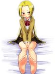  aketa_chika barefoot black_eyes blazer blonde_hair blush feet hagimura_suzu jacket long_hair pov_feet school_uniform seitokai_yakuindomo shy sitting skirt soles solo toes twintails v_arms very_long_hair wiggling_toes 