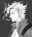  bad_id bad_pixiv_id caesar_anthonio_zeppeli cigarette facial_mark greyscale highres jojo_no_kimyou_na_bouken macaroni_(piyo4508) male_focus monochrome smoking solo 