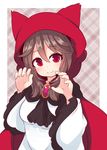  beni_shake brown_hair cape claw_pose dress frilled_sleeves frills hood imaizumi_kagerou red_eyes smile solo touhou wide_sleeves 