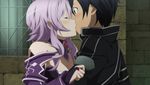  1girl :_code_register black_eyes black_hair breasts cleavage closed_eyes game_cg hetero kirito kiss medium_breasts mole mole_on_breast official_art outdoors purple_hair short_hair strea sword_art_online sword_art_online:_hollow_fragment 