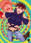  brown_hair caesar_anthonio_zeppeli fingerless_gloves gloves hands_on_own_face jojo_no_kimyou_na_bouken joseph_joestar_(young) male_focus midriff multiple_boys spiral uchiyama_lammy 