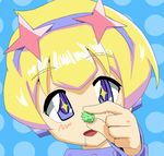  blonde_hair blue_eyes blush candy commentary_request concrete_revolutio drooling earth-chan_(concrete_revolutio) food saliva shinonome_takeru solo star star-shaped_pupils symbol-shaped_pupils 