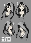  angry arizuka_(catacombe) bags_under_eyes black_eyes black_hair blush bra breasts character_sheet cleavage happy highres hood hoodie large_breasts monochrome multiple_views open_mouth original pale_skin simple_background striped striped_bra twintails underwear 