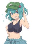  arm_up bad_id bad_twitter_id bare_shoulders blue_eyes blue_hair blush cabbie_hat collarbone crop_top crop_top_overhang grin hair_bobbles hair_ornament hat kawashiro_nitori looking_at_viewer midriff navel no_bra pose simple_background skirt sleeveless smile solo text_focus touhou toujou_(toujou_ramen) twintails two_side_up upper_body white_background 