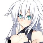  bar_censor bare_shoulders black_heart blue_eyes blush breasts censored cleavage long_hair looking_at_viewer medium_breasts meimu_(infinity) neptune_(series) solo symbol-shaped_pupils tears white_hair 