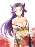  bare_shoulders blush breasts cleavage eko japanese_clothes jun'you_(kantai_collection) kantai_collection large_breasts long_hair purple_eyes purple_hair smile solo 