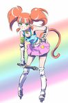  :3 bell bell_choker bike_shorts breasts cat_tail choker cleavage downscaled ear_piercing full_body gauntlets green_eyes iesupa instrument md5_mismatch midriff miniskirt multicolored_hair navel neon_katt orange_hair piercing quad_tails rainbow_background recorder resized roller_skates rwby skates skirt solo tail two-tone_hair 