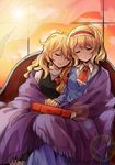  alice_margatroid ascot blonde_hair blush book braid closed_eyes couple hairband head_to_head highres interlocked_fingers kirisame_marisa long_hair multiple_girls no_hat no_headwear open_mouth shared_blanket short_hair side_braid sindre single_braid sleeping touhou yuri 