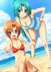  :d asymmetrical_bangs bangs barefoot beach bent_over bikini blue_eyes blue_sky blue_swimsuit blush breasts card_(medium) casual_one-piece_swimsuit cleavage cloud cloudy_sky day dutch_angle frilled_swimsuit frills green_hair hand_on_hip hand_on_own_knee high_ponytail highres higurashi_no_naku_koro_ni knees_together_feet_apart large_breasts light_smile long_hair looking_at_viewer multiple_girls o-ring o-ring_bikini o-ring_top ocean official_art on_ground one-piece_swimsuit open_mouth orange_hair outdoors outstretched_arm parted_bangs ponytail print_swimsuit rato red_bikini rounded_corners ryuuguu_rena scan short_hair sitting sky small_breasts smile sonozaki_mion strap_pull swimsuit v very_long_hair water watermark 