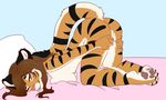  anthro ass_up bed breasts brown_hair butt feline female hair inner_ear_fluff kammymau looking_at_viewer mammal nude one_eye_closed open_mouth pillow pussy raised_tail simple_background smile solo stripes tiger tongue 