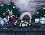  2015 anthro black_clothes boots clothing dragon eliana-asato female fishnet flower footwear goth grey_scales hair long_hair lying open_mouth plant purple_hair ring rose scales scalie skirt solo wall yellow_eyes 
