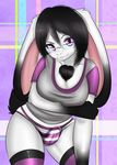  anthro big_breasts black_hair breasts bulge chest_tuft clothed clothing dickgirl erection eyewear floppy_ears fur glasses hair half-closed_eyes hi_res intersex kammymau lagomorph legwear looking_at_viewer mammal marbles panties penis simple_background smile solo standing teeth thigh_highs three-quarter_portrait tuft underwear 