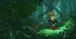  anthro armello backpack canine clothed clothing corruption eyes_closed female forest fox half-dressed healing magic mammal meditating melee_weapon melissa_king official_art sitting smile solo sword topless tree ty_carey weapon 
