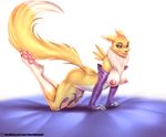  2015 all_fours anthro areola big_nipples black_sclera blue_eyes breasts butt chest_tuft claws digimon doomthewolf erect_nipples female fur hi_res looking_at_viewer nipples nude open_mouth paws pink_pawpads pose renamon simple_background smile solo toe_claws tuft yellow_fur 