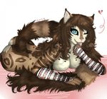  &lt;3 anthro arm_warmers breasts brown_fur brown_hair butt distracting_watermark fangs feline female fur hair looking_at_viewer lying mammal myett-wrath nude on_front one_eye_closed open_mouth simple_background smile solo stripes teeth tongue tongue_out watermark white_background 