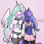  2015 anthro anthrofied areola big_breasts blue_skin breasts clothed clothing duo equine feathered_wings feathers female friendship_is_magic hair hair_over_eye horn legwear long_hair looking_at_viewer mammal multicolored_hair my_little_pony navel nipples pettankochanv princess_celestia_(mlp) princess_luna_(mlp) sibling sisters skirt smile stockings white_skin winged_unicorn wings 