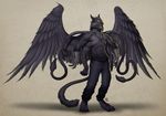 2014 amber_eyes anthro avian avoid_posting bare_chest beak bird black_feathers black_fur claws clothed clothing displacer_beast feathers fur gryphon hybrid inert-ren looking_at_viewer male pants portrait raven simple_background solo standing tentacles volosasz wings 