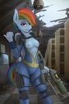  2015 anthro anthrofied breasts clothed clothing equine fallout feathered_wings feathers female friendship_is_magic hair hi_res holding looking_at_viewer mammal multicolored_hair my_little_pony nipples pegasus rainbow_dash_(mlp) rainbow_hair solo staggeredline video_games weapon wings 