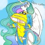  2015 anthro areola big_breasts breasts clothed clothing colored equine eyewear female flight_suit friendship_is_magic goggles hair horn huge_breasts kevinsano long_hair mammal mmfan multicolored_hair my_little_pony nipples open_mouth outside princess_celestia_(mlp) pussy solo torn_clothing wardrobe_malfunction winged_unicorn wings 