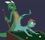  2014 adfowl anthro balls bent_over billiards blue_background blue_scales blush brown_scales clothed clothing disney dragon duo female green_scales half-closed_eyes hat horn interspecies loch_ness_monster male male/female marine nessie nude open_mouth penetration pool_table raised_tail scales scalie scarf sex simple_background smile stick the_ballad_of_nessie tongue 