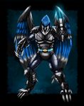  anthro armor avian beak bird black_border black_feathers blue_background blue_feathers bodysuit border claws clothing feathers futuristic hawk hi_res jtf3 male multicolored_feathers simple_background skinsuit solo standing toe_claws white_feathers 