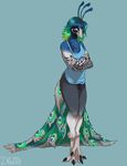  2015 anthro avian balls beak bird black_penis blue_background blue_eyes blue_feathers bottomless clothed clothing crossed_arms dbd digital_media_(artwork) feathers flaccid green_feathers hair half-dressed male multicolored_hair peafowl penis simple_background solo standing talons 