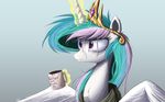  2015 beverage clothing coffee cup english_text equine female food friendship_is_magic glowing gold_(metal) hair horn levitation magic mammal messy_hair my_little_pony ncmares princess_celestia_(mlp) purple_eyes solo text winged_unicorn wings 
