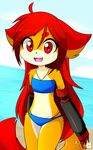  2015 anthro beach bikini blue_sky canine clothed clothing cute day devil-vox_(artist) digital_media_(artwork) female flat_chested fox fur hair happy long_hair looking_at_viewer mammal midriff multicolored_fur open_mouth orange_fur outside red_eyes red_hair seaside sky smile solo swimsuit two_tone_fur water watermark white_fur white_sclera 