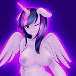  2015 absurd_res anthro anthrofied areola big_breasts breasts equine female floppy_ears friendship_is_magic hair hi_res horn kei_kun mammal my_little_pony nipples one_eye_closed purple_eyes purple_hair simple_background smile solo twilight_sparkle_(mlp) winged_unicorn wings wink 