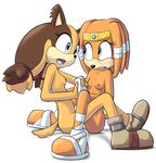  2015 anthro blue_eyes blush breasts brown_fur brown_hair clothing duo echidna female female/female footwear fur goshaag hair hand_holding hi_res jungle_badger mammal monotreme nipples nude open_mouth sex shoes simple_background sonic_(series) sonic_boom sticks_the_jungle_badger tikal_the_echidna tribadism white_background 