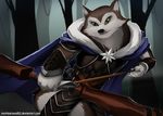 anthro archer armello armor arrow bow_(weapon) canine cloak clothing female forest looking_at_viewer mammal purpleground03 ranged_weapon river_(armello) solo tree weapon wolf yellow_eyes 