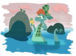  2012 alpha_channel anthro blush brown_hair clothed clothing cloud crying disney female green_scales hair half-dressed hat lake loch_ness_monster marine nessie outside quertypictures rubber_duck scales scalie scarf sky tears text the_ballad_of_nessie topless tree water wet 