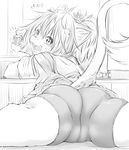  anthro bike_shorts blush butt camel_toe cat claws clothed clothing feline female greyscale hair hi_res kemono koishi_chikasa looking_at_viewer mammal monochrome open_mouth ponytail raised_tail rear_view slit_pupils smile solo young 