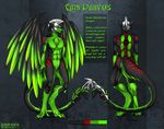  2015 anthro back black_fur blade cain_darvos digital_media_(artwork) eliana-asato feathers front_view fur green_feathers green_fur helmet looking_at_viewer male model_sheet multicolored_fur nude red_eyes red_fur sergal solo standing tail_blade two_tone_fur wings 