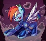  2015 cybernetics cyborg equine female feral friendship_is_magic hair machine mammal marenlicious multicolored_hair my_little_pony overalls pegasus rainbow_dash_(mlp) rainbow_hair scar silhouette solo wings 