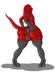  2015 anthro big_butt butt canine clifford clifford_the_big_red_dog clothing dog ear_piercing girly gloves hand_on_butt hi_res huge_butt long_ears looking_at_viewer male mammal one_eye_closed piercing rear_view simple_background smile solo standing suirano thigh_boots white_background 