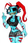  2015 anthro bluewolfavenger boss_monster breasts clothed clothing eye_patch eyewear female fish hair hi_res marine middle_finger monster red_hair smile solo teeth undertale undyne video_games 
