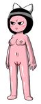  annoyed black_hair blush breasts eetoro_(artist) fan_character female hair hair_bow hi_res human lookbacktofour_(artist) mammal not_furry nude pink_skin pussy shortstack simple_background small_breasts solo standing white_background 