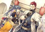  1girl blue_hair fire_emblem fire_emblem_if japanese_clothes kimono mask oboro_(fire_emblem_if) official_art one_eye_closed open_mouth ponytail red_eyes red_hair saizou_(fire_emblem_if) scar yellow_eyes 