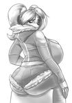  anthro big_breasts big_butt breasts butt clothing cutoffs denim_shorts female greyscale hair hi_res hoodie huge_breasts huge_butt looking_back monochrome pigtails raised_eyebrow shorts sitting solo unknown_species xopachi 