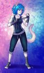  abstract_background action_pose anthro athletic blue_eyes blue_hair cat clothed clothing ear_piercing feline female foot_wraps fur hair hand_wraps hi_res lillith_(oomizuao) looking_at_viewer mammal oomizuao piercing pink_nose shirt smile solo tank_top white_fur wraps 