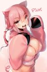  :d animal_costume animal_ears blush breasts cleavage freckles hair_ornament hooves large_breasts midriff naso4 navel open_mouth original pig_ears pig_tail pink pink_background pink_eyes pink_hair ponytail round_teeth simple_background smile solo tail teeth 