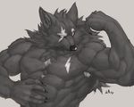  5_fingers abs anthro armpits biceps big_muscles black_nose canine claws clothed clothing digital_media_(artwork) ear_tuft flakjacket0204 flexing fur grey_fur half-dressed hand_on_stomach hi_res male mammal multicolored_fur muscular neck_tuft pecs red_eyes simple_background solo topless tuft two_tone_fur whiskers white_fur wolf 