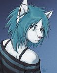  abstract_background anthro blue_eyes blue_hair bra_strap bust_portrait cat clothed clothing ear_piercing feline female fur hair lillith_(oomizuao) looking_at_viewer looking_back mammal oomizuao piercing pink_nose sad shirt solo tears white_fur 