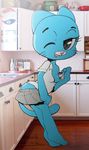  anthro blue_fur butt cat clothed clothing exposed_breasts feline female fur hi_res mammal mature_female mother nicole_watterson nipples one_eye_closed parent skirt solo surgicalarts the_amazing_world_of_gumball undressing wink 