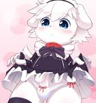  anthro blue_eyes blush bowties canine clothing collar crossdressing cub dog erection fur legwear lifting_dress looking_at_viewer maid_uniform male mammal panties penis simple_background solo stockings underwear uniform white_fur young とろろうどん 