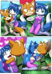  2015 anthro bbmbbf blue_eyes blue_fur blush brown_fur canine clothing comic couple cute eyes_closed fangs female fox fox_mccloud fur green_eyes half-closed_eyes happy hi_res hug inviting kissing kneeling krystal love male male/female mammal nintendo palcomix seductive shy smile space_suit star_fox surprise tan_fur video_games white_fur 