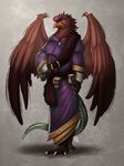  2014 anthro avian avoid_posting beak claws clothing cockatrice feathers green_scales hi_res inert-ren malakim male portrait purple_eyes red_feathers reptile robe runes scales scalie simple_background solo standing talons wings 